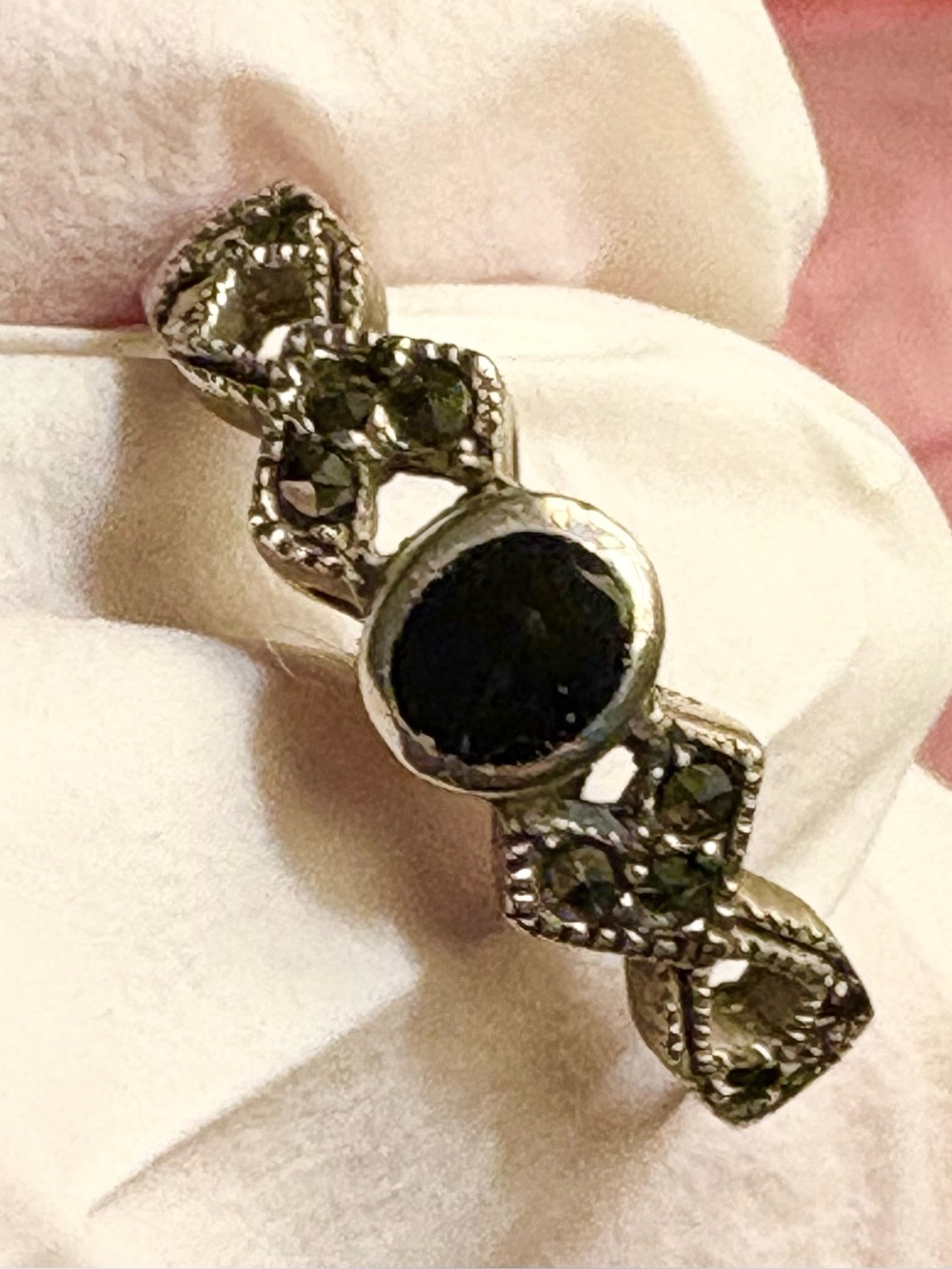 Charles Winston CW Sterling 925 Black Onyx Cabochon/ Marcasite Ring